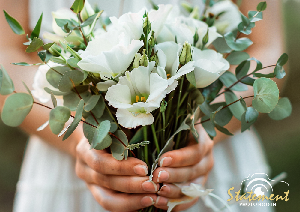 Wedding flowers held in hand. Wedding Photo Booth.